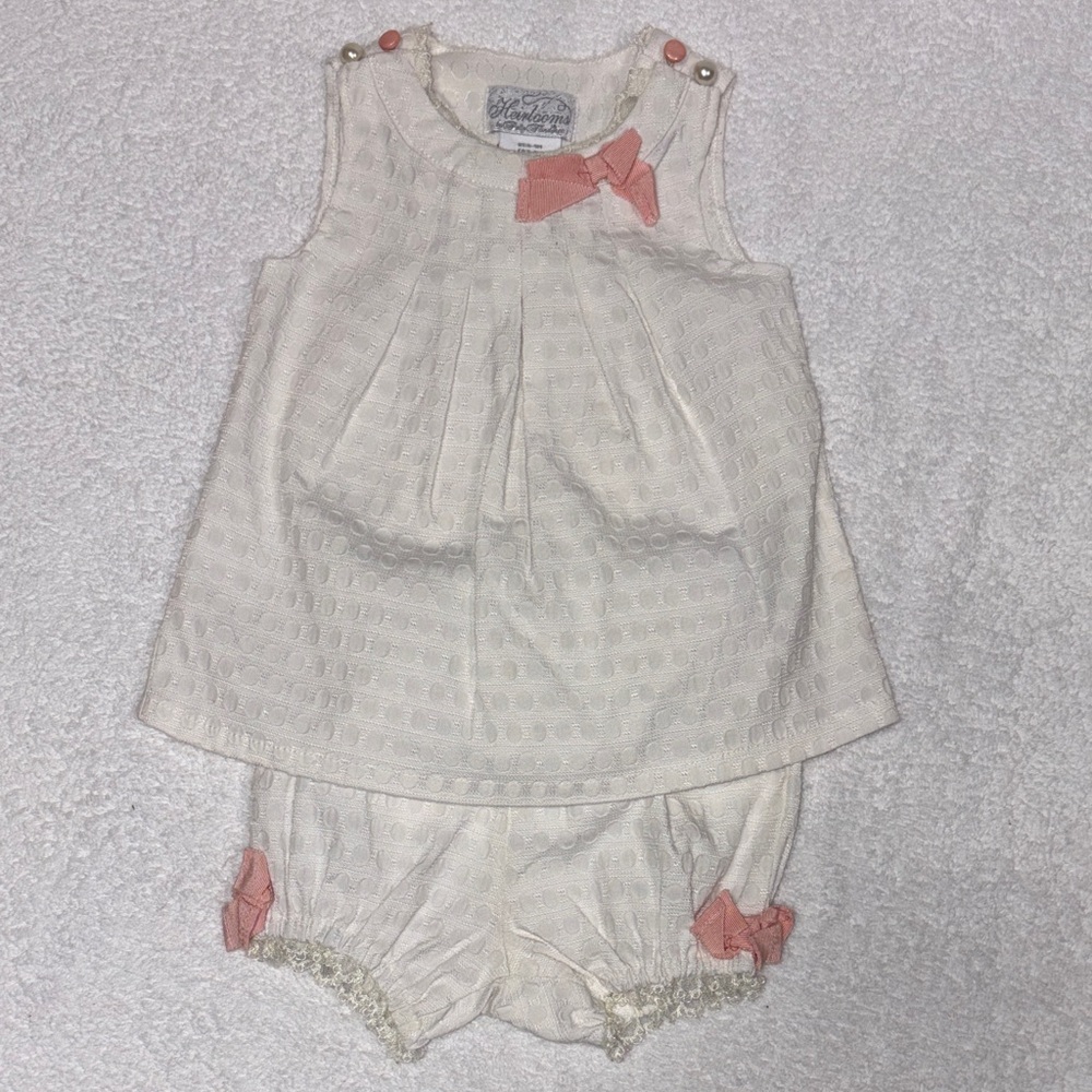 Heirlooms Polly flinders cream  Textured Dress Bloomers Pink Bows lace insert 9m